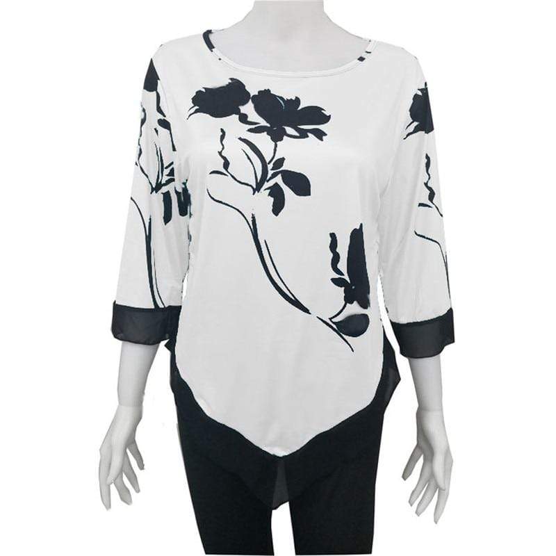 Tees Plus Size Women T Shirt O-Neck Lace Splice Floral Printing Tee Shirt
