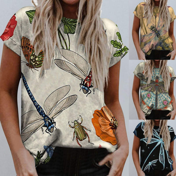 Tees Women Casual Summer Dargonfly Print Tshirts Boho Clothes